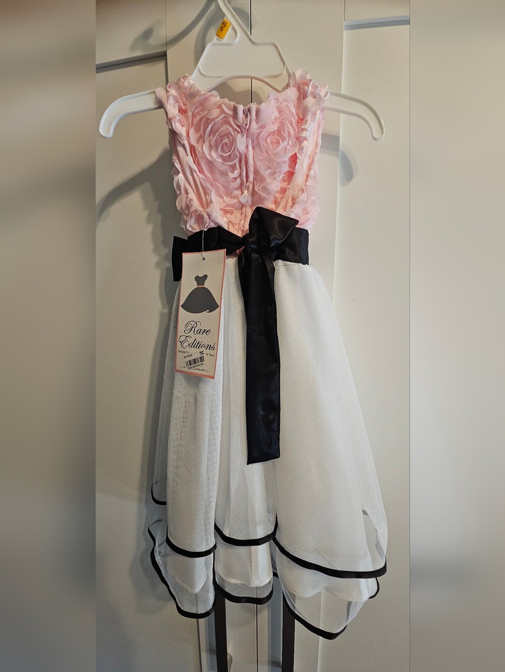 Rare Editions Pink Floral Bodice White Layered Dress with Black Satin Bow 3T - Picture 3 of 4